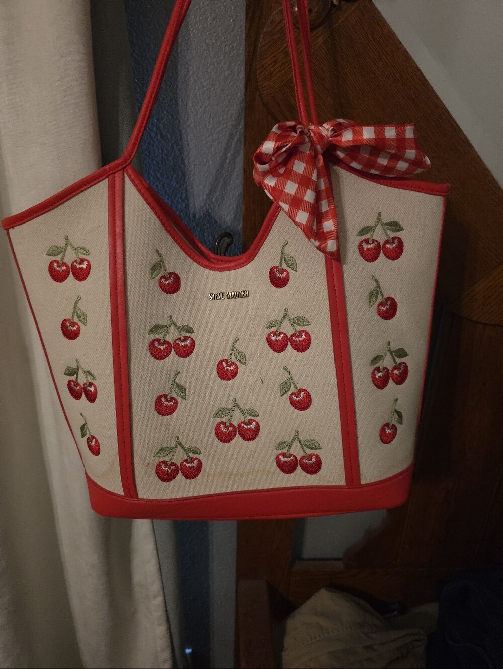 Steve Madden Red and Cream Cherry-Embroidered Tote with Gingham Bow